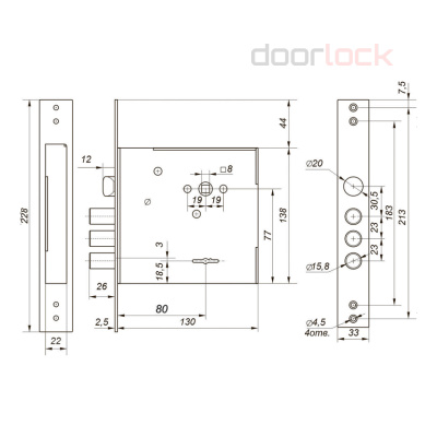 Замок дверной сувальдный Гардиан TERMO 80.11, с защелкой, 4 длинных ключа, никелированный